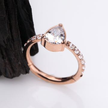 Detail View 1 of Implant Grade Titanium Rose Gold Teardrop Sparkle Multi-Gem Rimmed Seamless Clicker Hoop Ring-Clear Gem